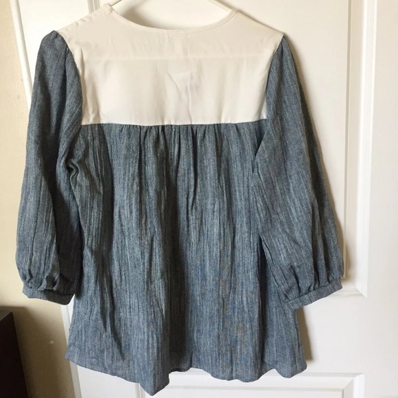 Denim looking blouse with chiffon accents. - Picture 5 of 7